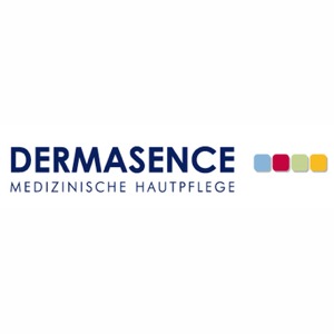 Dermasence Logo mit Schriftzug ‚Medizinische Hautpflege‘ und farbigen Quadraten – dermatologische Pflegemarke.