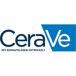 CeraVe Logo mit dem Schriftzug ‚Mit Dermatologen entwickelt‘ in Blau und Weiß