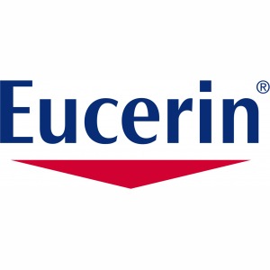 Eucerin Logo mit blauem Schriftzug und rotem Dreieck – dermatologisch getestete Hautpflegemarke.